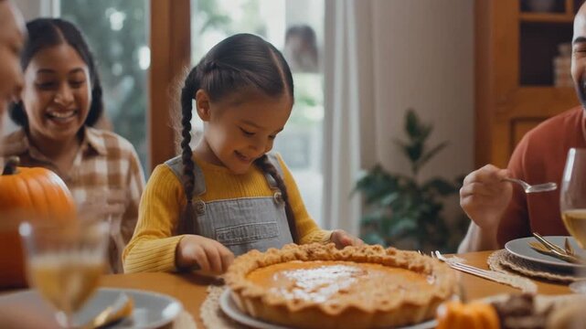 Slow-motion shot of a child placing a pumpkin pie on the dinner table