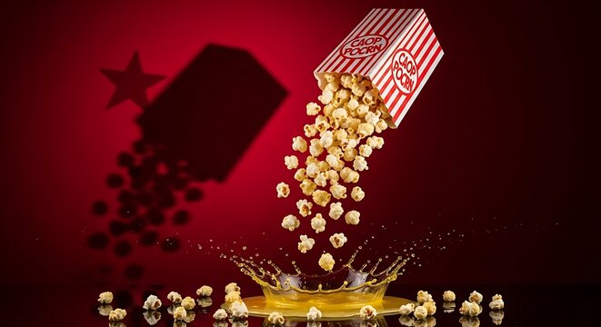 Popcorn Spilling from a Box into a Splash of Yellow Liquid red and white stripes