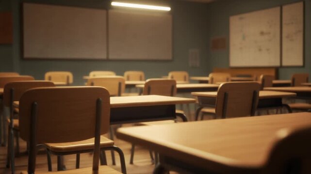 Slow pan shot of an empty modern classroom