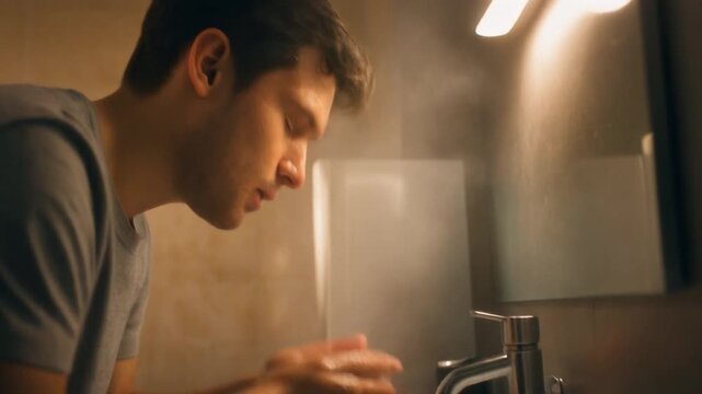 Young man washing face with clean water