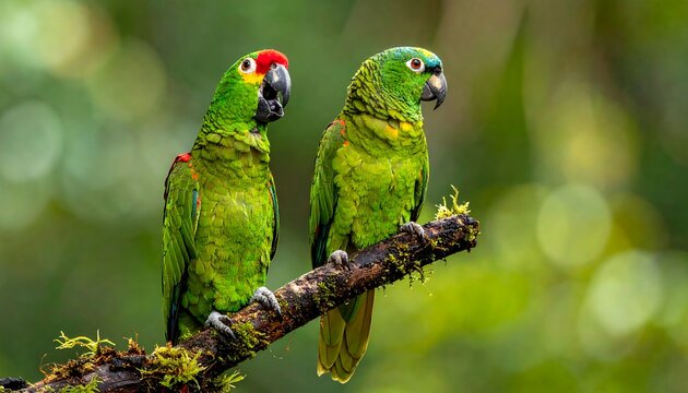 Two vibrant green parrots perch on a mossy branch, gazing away against a blurred bokeh background of green hues