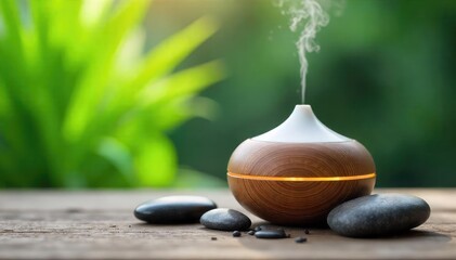 Close-up of calming essential oil diffuser misting, surrounded by smooth stones and lush greenery, promoting serenity and wellness , soothing, botanical, nature