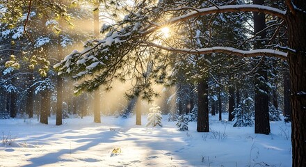 Sunlight filters through snow-covered trees in a winter forest.