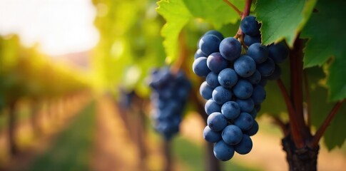 Close-up of dark purple grapes hanging on the vine, ready for harvest at a winery Sun-drenched vineyard, ripe fruit, autumn harvest, winemaking , agriculture, winemaking, berries