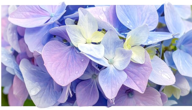 Up-close shot of a colorful hydrangea flower. The petals range in pastel hues of purple, blue, and white, with water droplets - Powered by Adobe