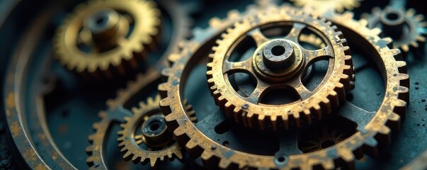 Close-up shot of a clock's gears, meticulously designed, signifying revolutionary change and innovative mechanics The image evokes a sense of progress and forward momentum , cogs, metallic