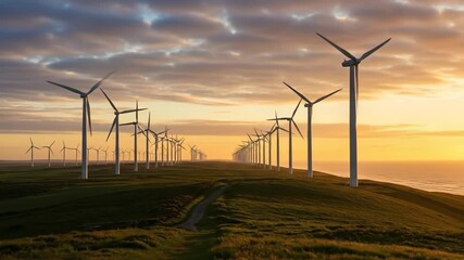 Majestic wind turbines rotate gracefully along scenic coastal hills at sunset - Powered by Adobe