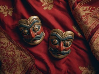 intricately carved masks with exaggerated features on rich red fabric with gold embroidery under soft warm lighting concept of cultural art, dramatic expression, interior design