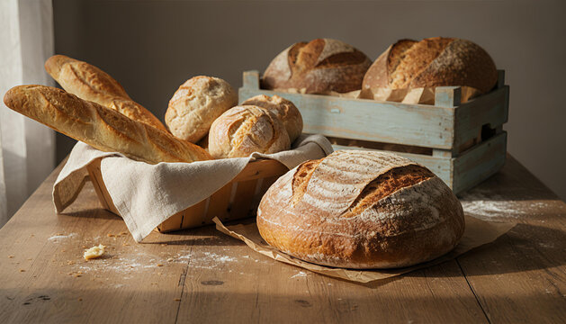 A rustic still life featuring assorted fresh artisanal breads, including a large sourdough loaf, baguettes, and rolls, set on a wooden table with dramatic natural light. Bakery, farming, food, vintage - Powered by Adobe