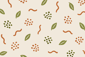 Hand-drawn seamless pattern with abstract organic shapes, leaves, and dots. Minimalist background design in a warm, earthy color palette