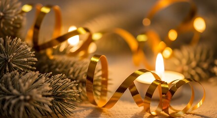 Festive Holiday Scene with Candlelight and Golden Ribbon.