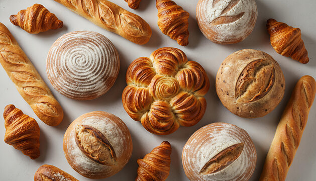 A beautiful top-down arrangement of various fresh artisanal breads and pastries, including baguettes, sourdough rounds, and croissants. Perfect for food blogs, menu design, and bakery advertising. - Powered by Adobe