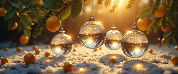 Glass baubles hanging from the branches of a lemon tree at sunset  