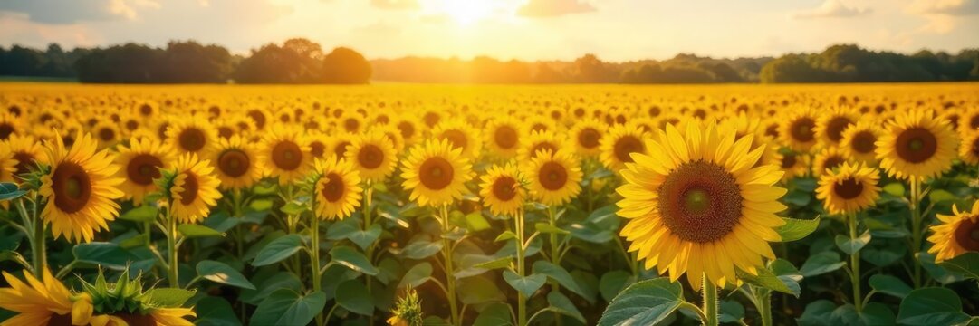 Fototapeta Endless rows of vibrant sunflowers basking in the golden sunlight, creating a breathtaking summer landscape Perfect for nature, agriculture, and summer themes , warmth, plant