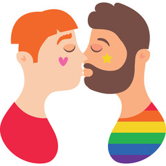 Two men kissing with closed eyes one with orange hair and pink heart on cheek the other with brown beard and yellow star on cheek wearing a rainbow striped shirt against a white background