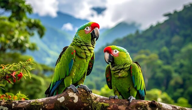 Two vibrant green parrots with red crowns perch on a branch against a backdrop of lush, tropical foliage and mountains - Powered by Adobe