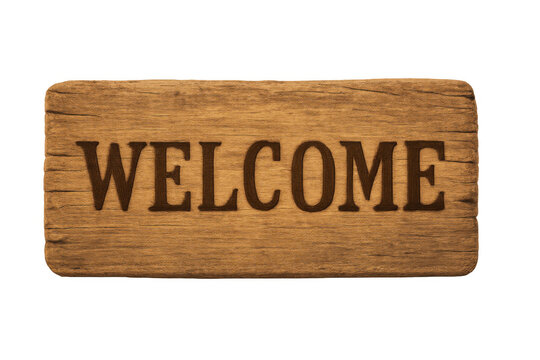 Wooden welcome sign with rustic texture inviting guests, showing hospitality and greeting on transparent background - Powered by Adobe