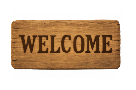 Wooden welcome sign with rustic texture inviting guests, showing hospitality and greeting on transparent background