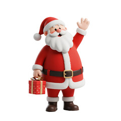 Santa's Festive Greeting: A jolly Santa Claus, dressed in his iconic red suit and hat, waves hello with a warm smile, carrying a beautifully wrapped gift.