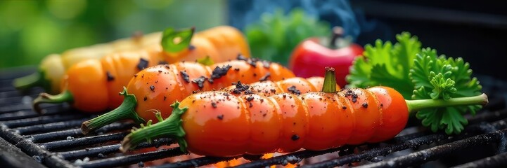 Fresh spring vegetables and herbs grilling on a hot barbeque, vibrant colors and delicious aromas  Perfect for spring recipes and healthy eating ,  grilling,  fresh