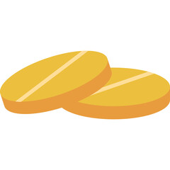 Two golden yellow oval shaped pills with a white dividing line on a transparent background simple isolated graphic illustration of medication for health and wellness concept