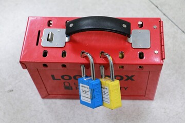 Lock box and switch gear room background ,Lockout Tagout , Electrical safety system.Key lock switch or circuit breaker for safety protect.in electric room