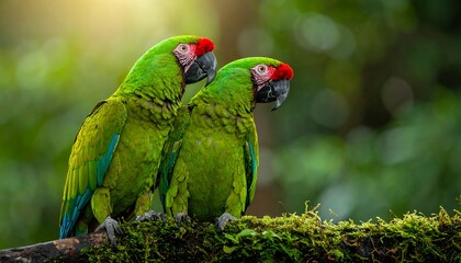 Two vibrant green parrots with red markings perched on a mossy branch. Lush green foliage forms a blurred background