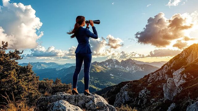 Visionary businesswoman on mountain peak using a spyglass to scan the horizon at sunset, symbolizing strategic vision, future exploration, and ambi...
