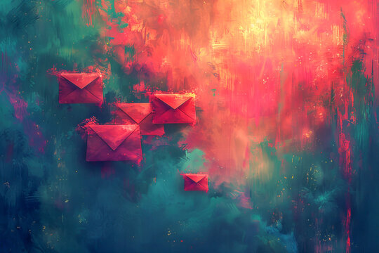Red envelopes flying on abstract colorful background