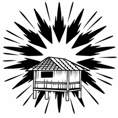 Minimilist illustration of a stilt house with a thatched roof surrounded by burst lines in black and white style vector