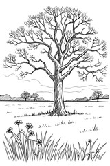 Minimilist illustration of a bare tree in a field with flowers and distant hills in a black and white drawing vector