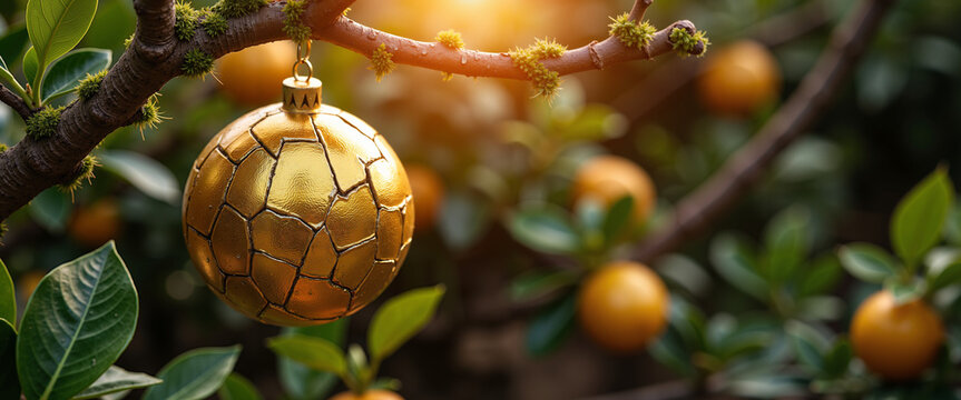 Glass baubles hanging from branches of lemon tree in sunlight  