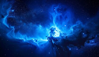 Obraz premium Brilliant blue and white celestial gas clouds dominate the space with scattered stars in the surrounding dark background