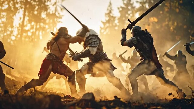 Epic Battle: Warrior, Wolf, and Knight Clash in Forest