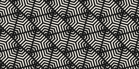 Vector geometric seamless pattern with lines, stripes, triangles, arrows, diagonal grid, lattice, net. Black and white abstract background. Simple minimal ornament texture. Modern repeated geo design