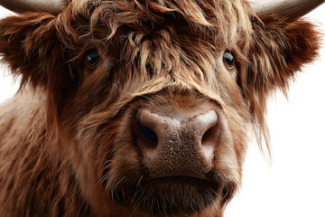 Closeup portrait of a shaggy brown highland cow with long horns, isolated on a transparent background