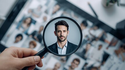 the hand is holding a magnifying glass, focusing on a man's face, with many images of other individuals displayed in the background