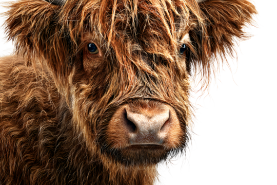 Closeup portrait of a shaggy, brown highland cow calf with long bangs covering its eyes, isolated on a transparent background