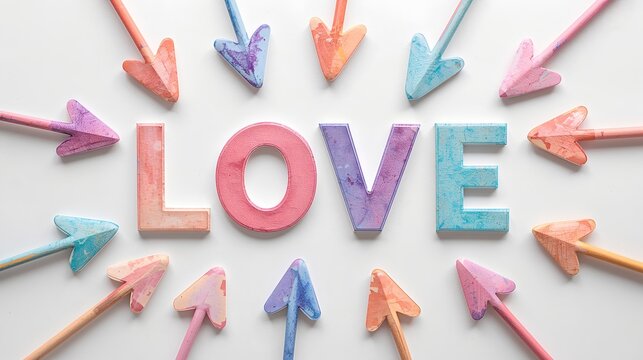 the word LOVE surrounded by colorful arrows, symbolizing the concept of love and direction, beautifully composed.