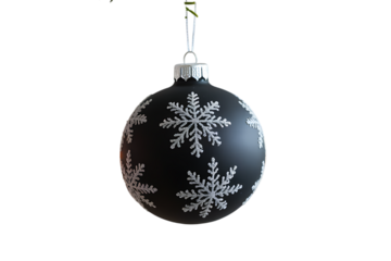 A stunning black Christmas ornament, beautifully decorated with elegant white snowflakes and a delicate silver cap, enhances holiday spirit.