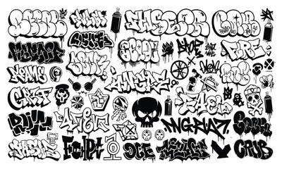 Obraz premium Graffiti Art Collection Urban Typography and Street Style Elements in Black and White
