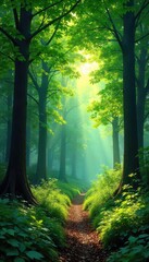 Obraz premium Lush green forest canopy in summer, dappled sunlight filtering through leaves, vibrant foliage, peaceful serene woodland scene , trees, wild