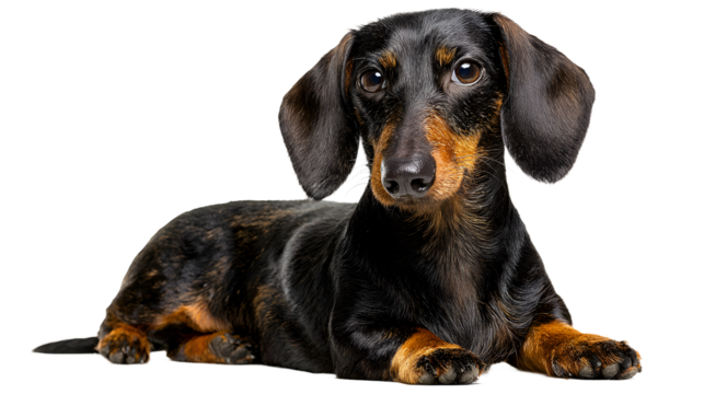 A black and tan dachshund dog lying down on a transparent background