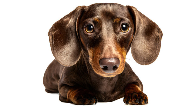 A closeup portrait of a smoothhaired dachshund puppy lying down, looking directly at the camera with its large, expressive eyes