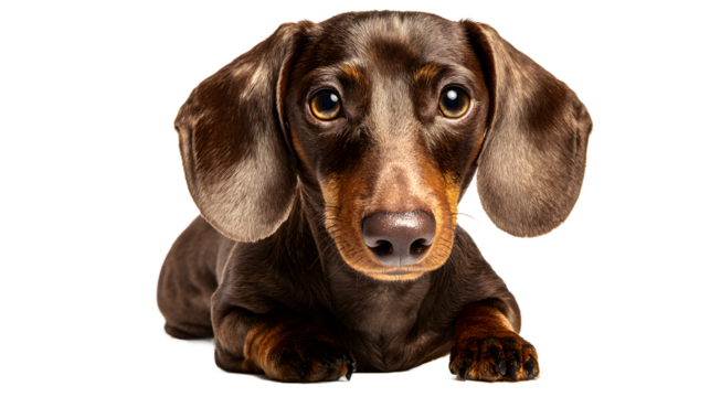 A closeup portrait of a smoothhaired dachshund puppy lying down, looking directly at the camera with its large, expressive eyes