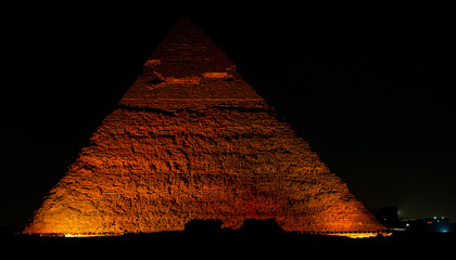 &Auml;gypten Pyramiden von Gizeh bei Kairo zu sehen, die nachts von unten in warmen Orange‑ und Rott&ouml;nen angestrahlt wird, Pyramide leuchtende Silhouette vor schwarzem Himmel hervorsticht.