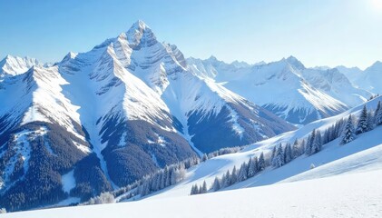 Obraz premium Majestic snow-covered mountain range with pristine slopes perfect for skiing, untouched powder, winter wonderland, idyllic scene , sky, trees, green