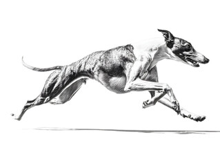 A brindle greyhound dog running at full speed, captured in a dynamic motion shot with a transparent background, showcasing its sleek physique and athletic form