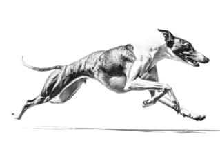 A brindle greyhound dog running at full speed, captured in a dynamic motion shot with a transparent background, showcasing its sleek physique and athletic form