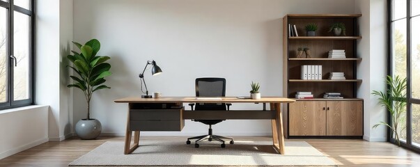 Modern office setup featuring a sleek desk, ergonomic chair, and stylish shelving unit, ideal for a productive workspace , office equipment, desk, office decor